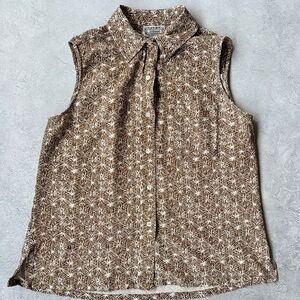 SilkLand Brown and Cream Sleeveless Tie-Neck Button Blouse